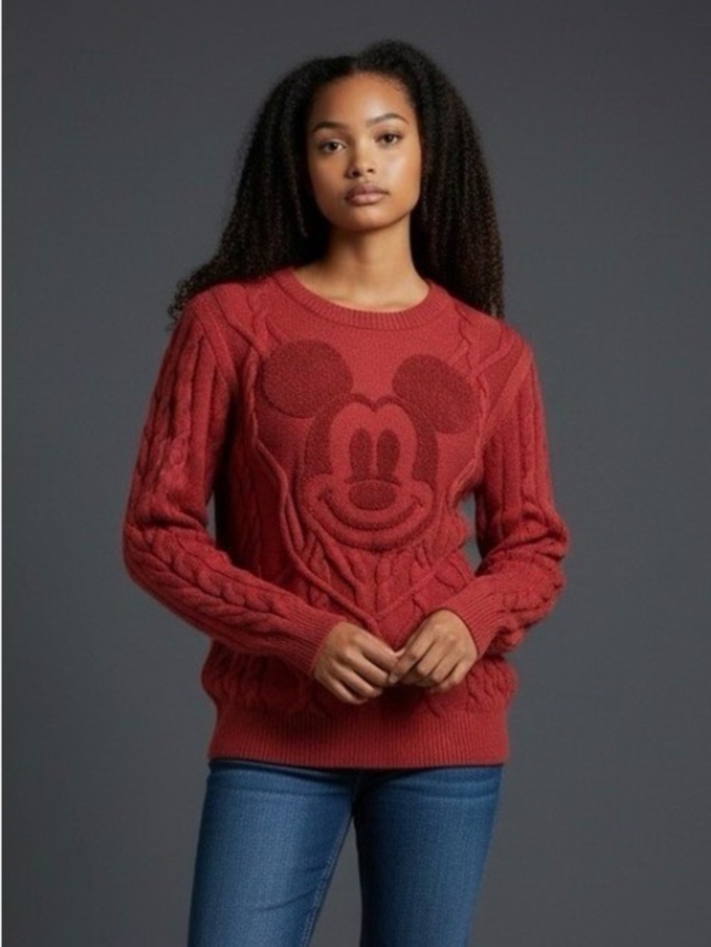 Disney Mickey Mouse Cable Knit Sweater Rust Red Chenille Graphic Pullover M